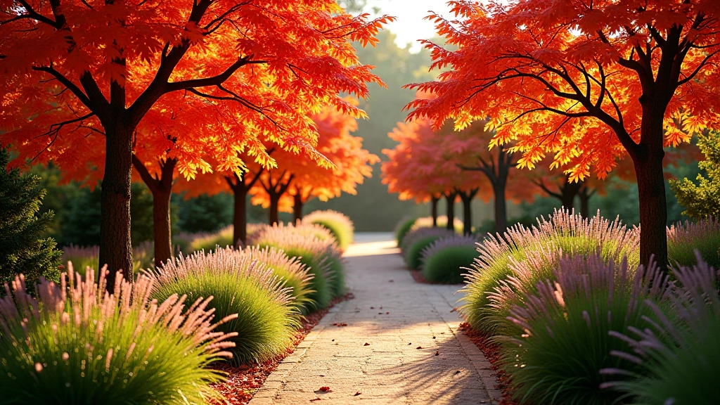 Autumn garden pathway lined with changing maple trees in brilliant orange and red foliage, late-blooming flowers still visible, warm golden afternoon light through canopy