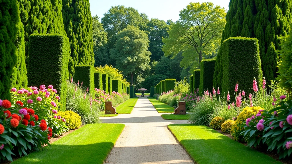 Lush botanical garden with colorful flowering plants and walking paths