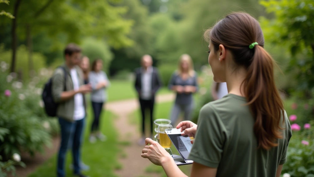 Educational garden setting showing guided group tour with visitors observing and learning about plant specimens from an experienced educator