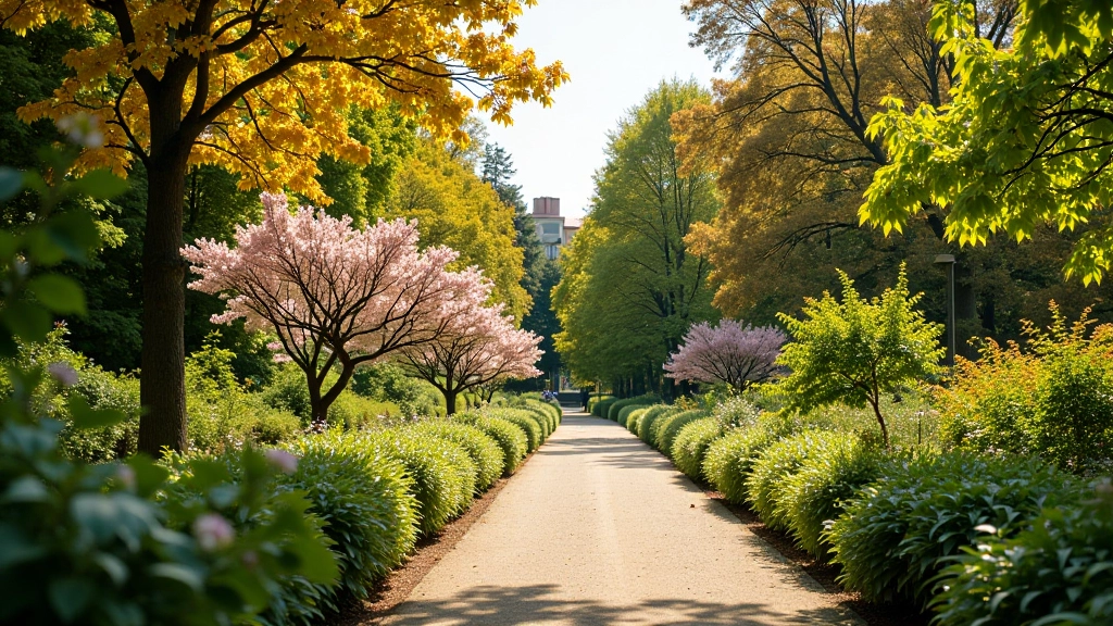 Park landscape showing seasonal color changes with flowering trees and autumn foliage creating natural palette