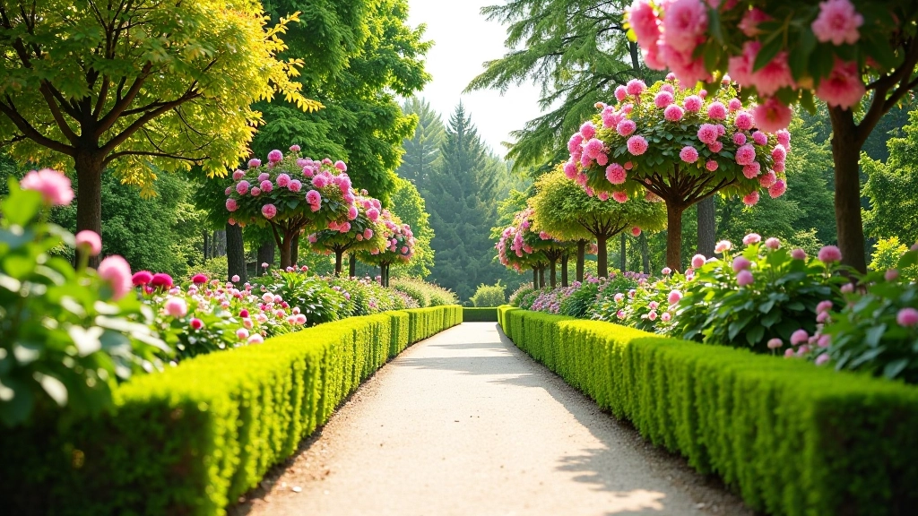 Garden pathways lined with flowering trees and shrubs showing seasonal bloom colors, winding through landscaped grounds