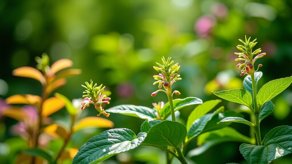 Close-up of diverse botanical specimens showing different leaf textures, colors and plant forms in garden setting