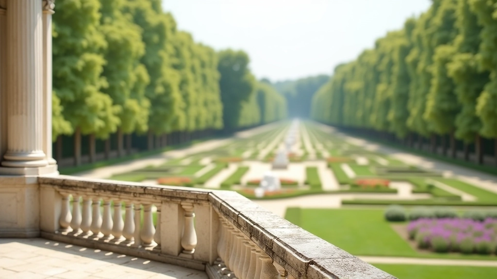 Stone balustrade and pavilion overlooking geometric flower beds at Kroměříž, classical architecture framing the baroque gardens, architectural elements in foreground