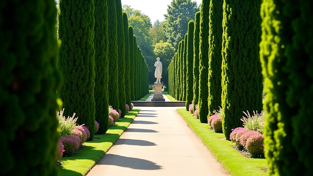 Pathway through Kroměříž garden with tall hedges creating garden rooms, classical statue at intersection, seasonal plantings visible on either side