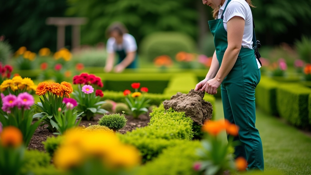 Garden maintenance team working on flower beds at Kroměříž, planting seasonal flowers, pruning hedges, preserving the baroque design