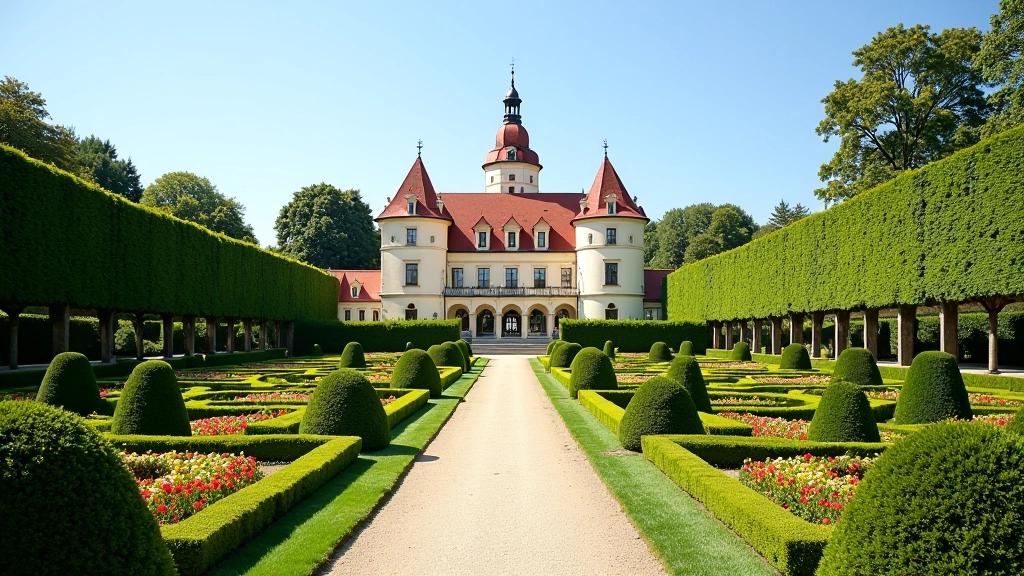 Historic Průhonice Castle surrounded by manicured garden paths with ornamental plantings and distant tree lines
