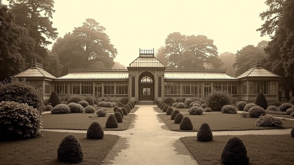 Historic archive photograph showing the original Prague Botanical Garden layout from the 19th century with Victorian-era greenhouse structures and formal garden design