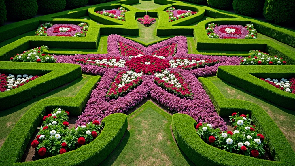 Close-up of intricate baroque flower bed patterns at Kroměříž with purple petunias, white alyssum, and red salvia arranged in geometric star formations