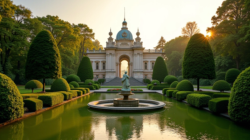 Scenic landscape view of Průhonice Park showing formal gardens with statues, pond, and historic castle building nestled among trees