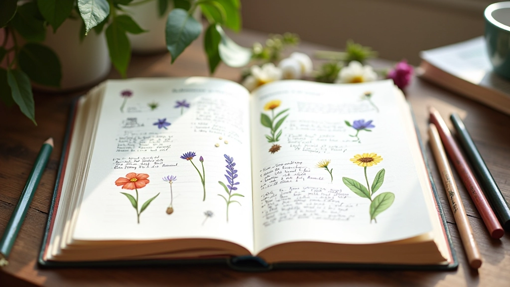 Open garden journal with sketched blooms, watercolor swatches, and handwritten bloom dates on cream pages with botanical pressed flowers
