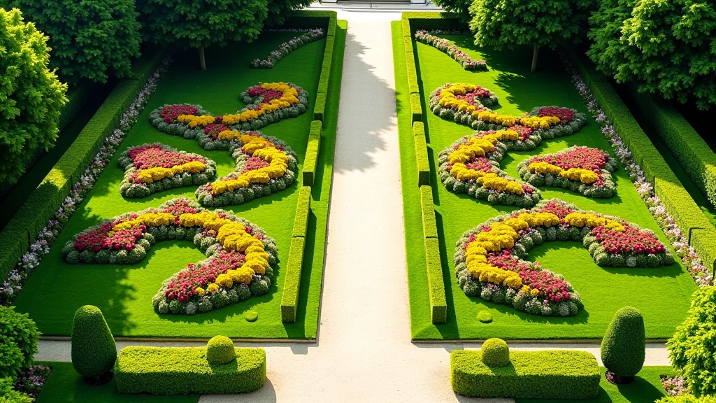 Overhead view of ornate flower garden beds at Kroměříž with geometric patterns of colorful blooms, hedges, and architectural elements