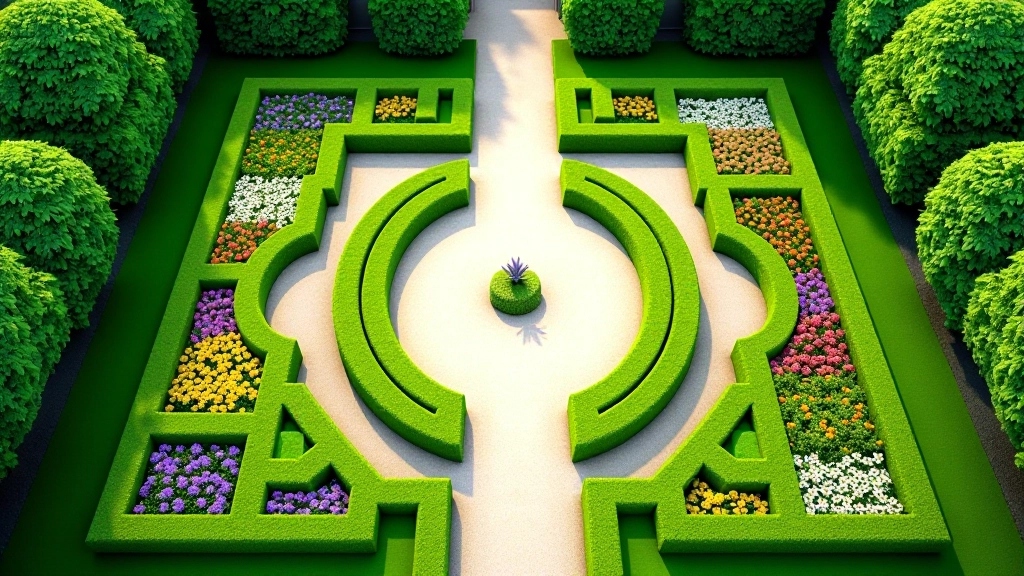 Formal garden design with geometric hedge patterns and colorful flower beds arranged in symmetrical layout