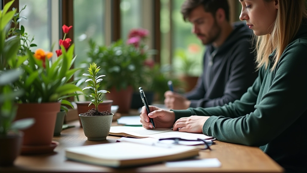 Educational workspace with botanical research materials and gardening references
