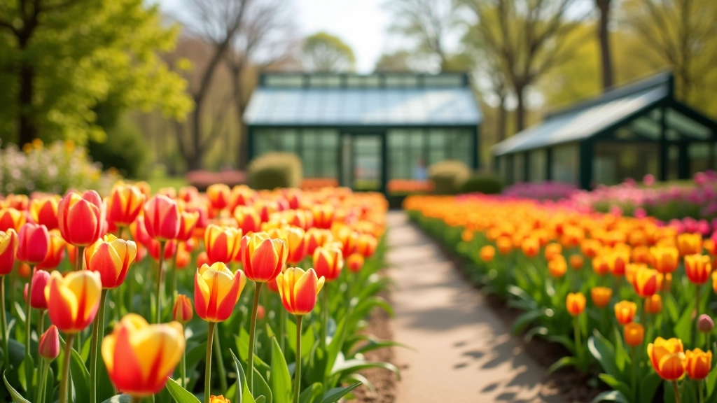 Colorful spring flowers blooming in the Prague Botanical Garden with pathways and greenhouse structures visible in the background