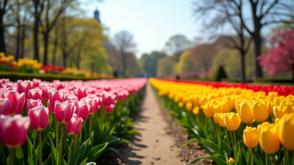 Vibrant spring flower beds with rows of pink, yellow, and red tulips in full bloom, ornamental garden with neat pathways, morning sunlight creating soft shadows