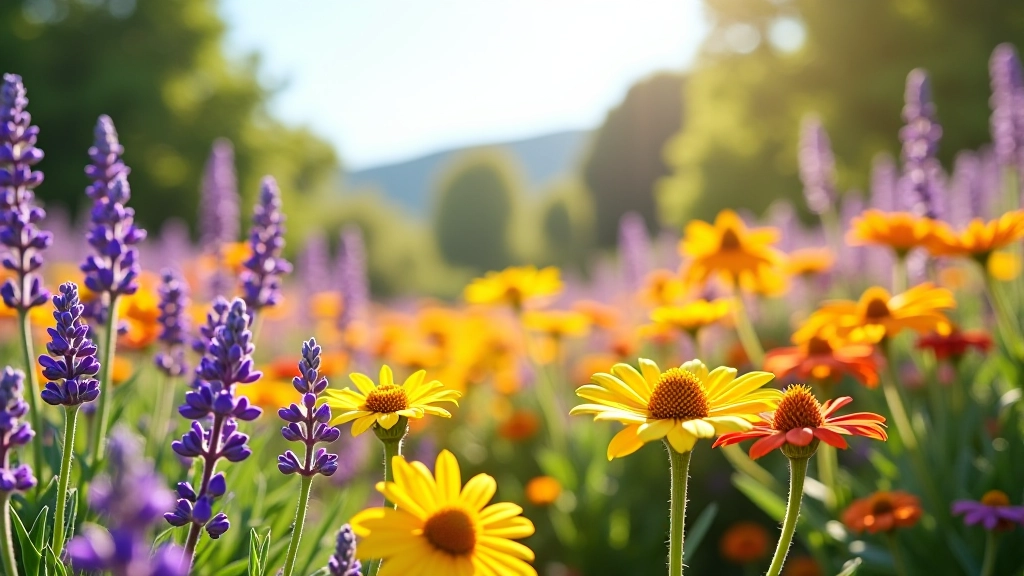 Lush summer perennial borders with purple lavender, pink roses, and yellow rudbeckia in peak bloom under bright sunshine, full garden in mature growth