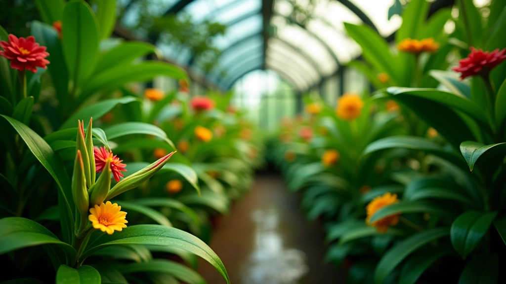 Close-up photograph of exotic tropical plants with vibrant green foliage and flowering specimens inside a humid greenhouse environment