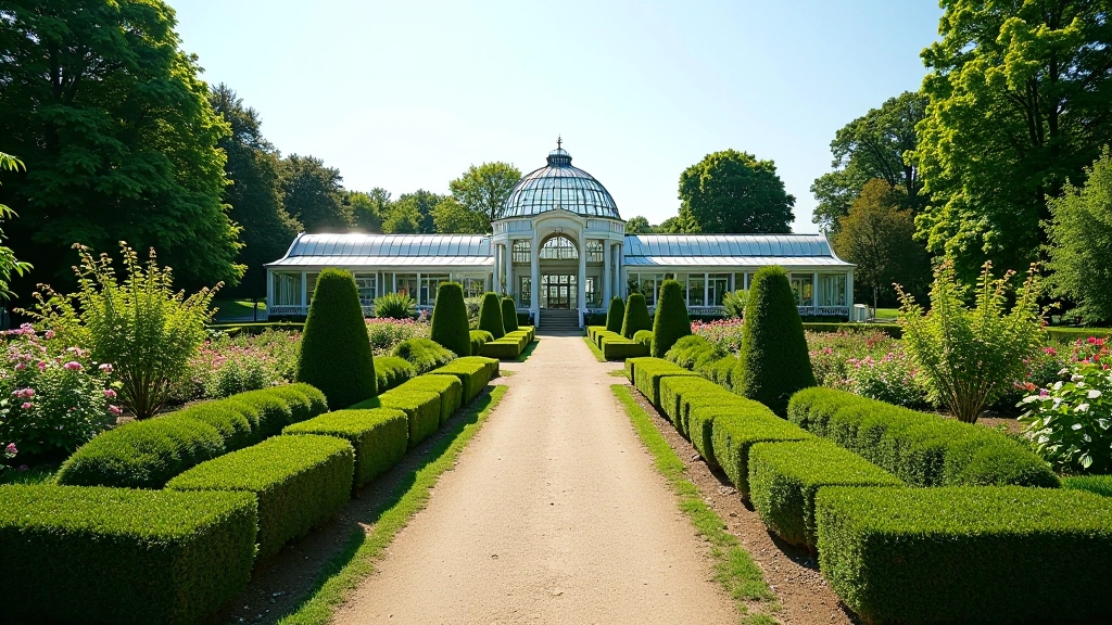 Panoramic view of the Prague Botanical Garden showing manicured plant beds, winding pathways, and multiple greenhouse structures on rolling terrain