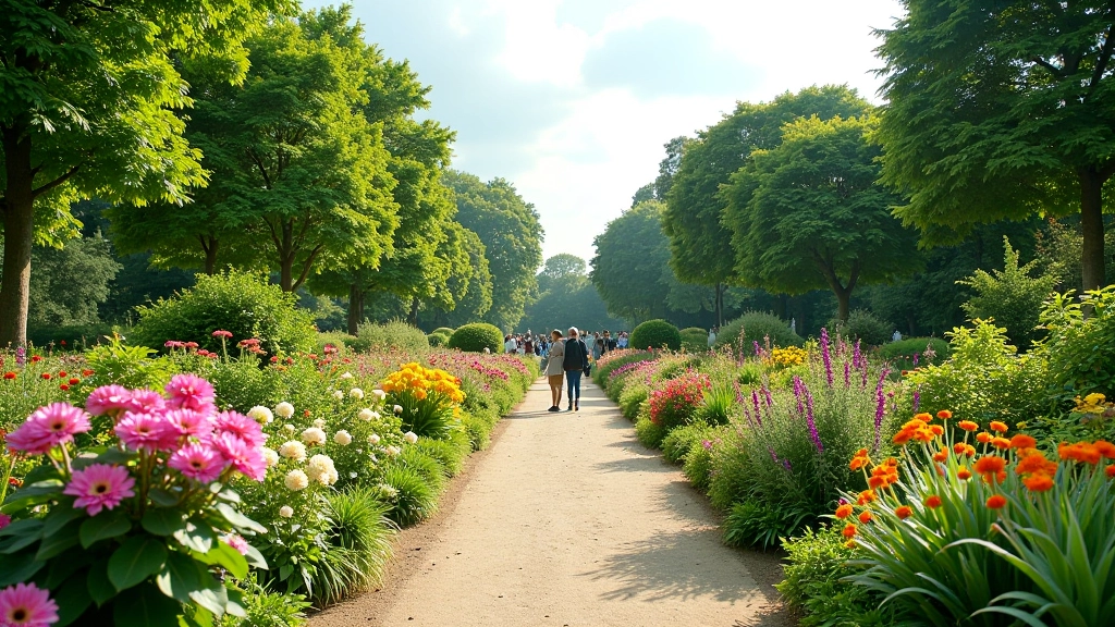 Panoramic view of lush botanical garden with diverse plant species and walking pathways under blue sky