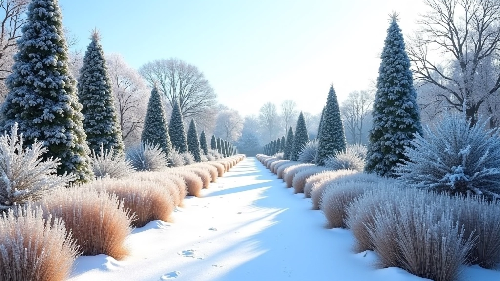 Winter garden with frosted evergreen structures, dried seed heads and grasses providing architectural interest, light snow on conifers, clear blue winter sky