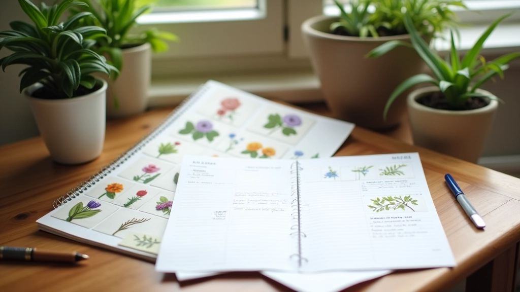 Calendar and notebook showing bloom schedule notes next to pressed flowers and botanical illustrations on wooden desk